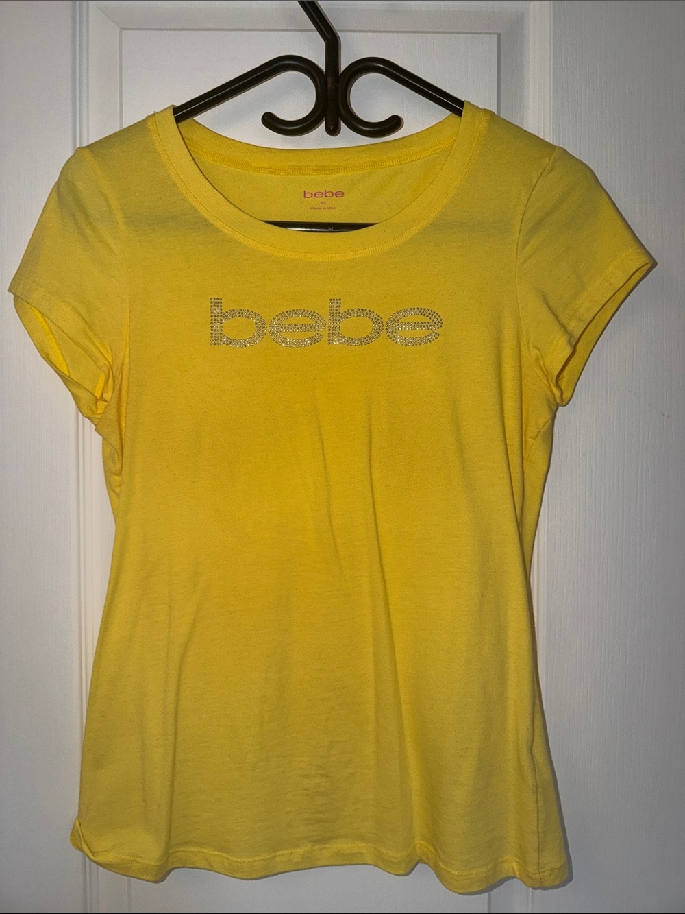 bebe Bright Yellow Rhinestone Logo Tee